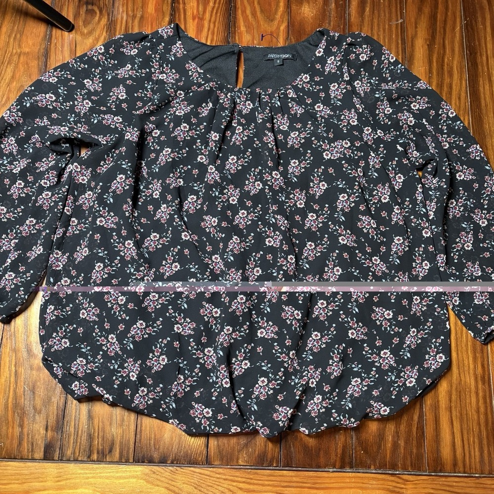 Papermoon Black Floral Cropped elastic Waist Blouse Stitch Fix Women's S A3219